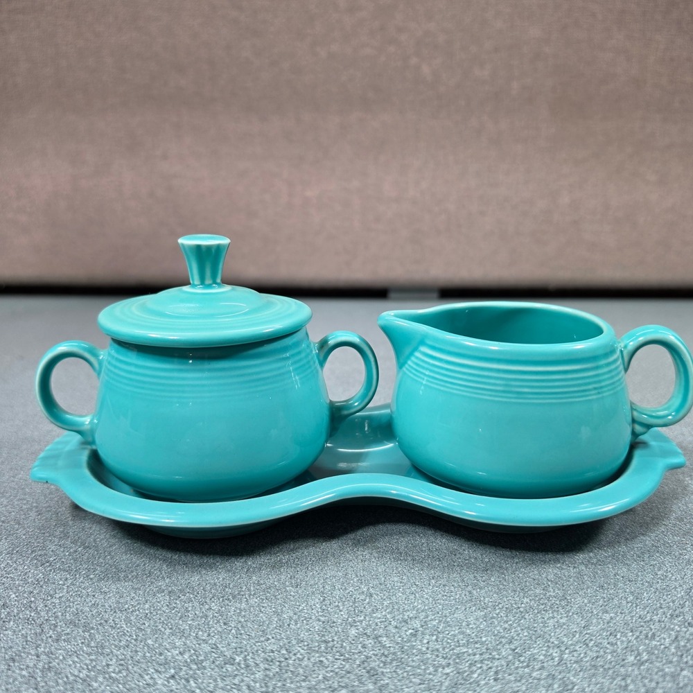 Vintage Fiestaware Sugar and Creamer Set with Tray Ceramic Art Deco USA
